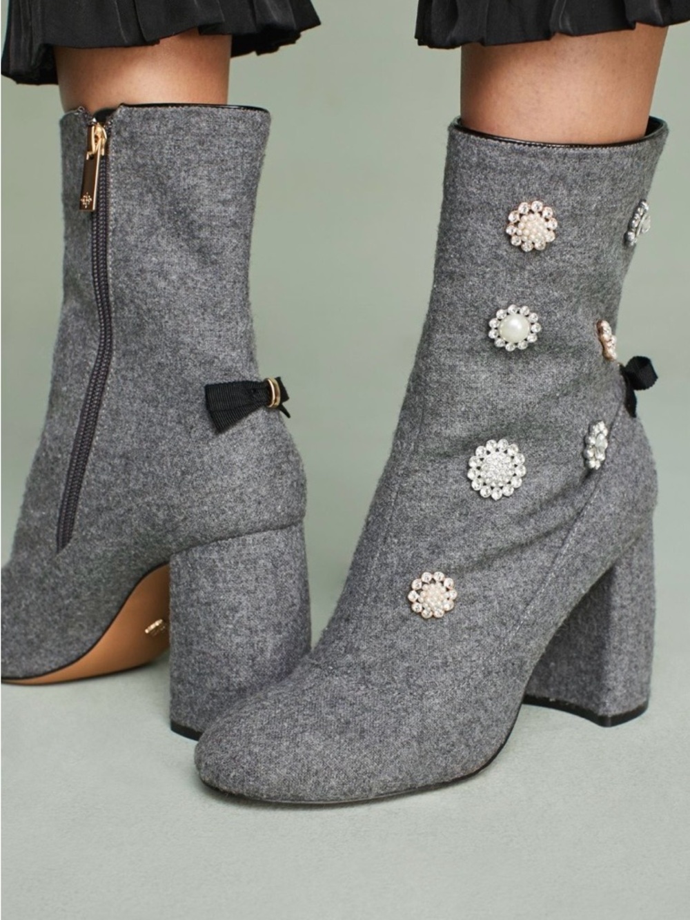 Anthropologie Nanette Lepore Linette Wool Embellished Bow Ankle Boots Grey 7 - Picture 4 of 15